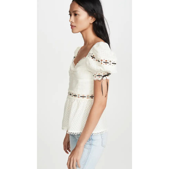 Rahi White Marbella Blossom Puff Sleeve Eyelet Trim Sweetheart Top - Picture 2 of 12